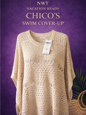 Chico's Cream Crochet Open-Knit Swim Cover-Up knit sweater